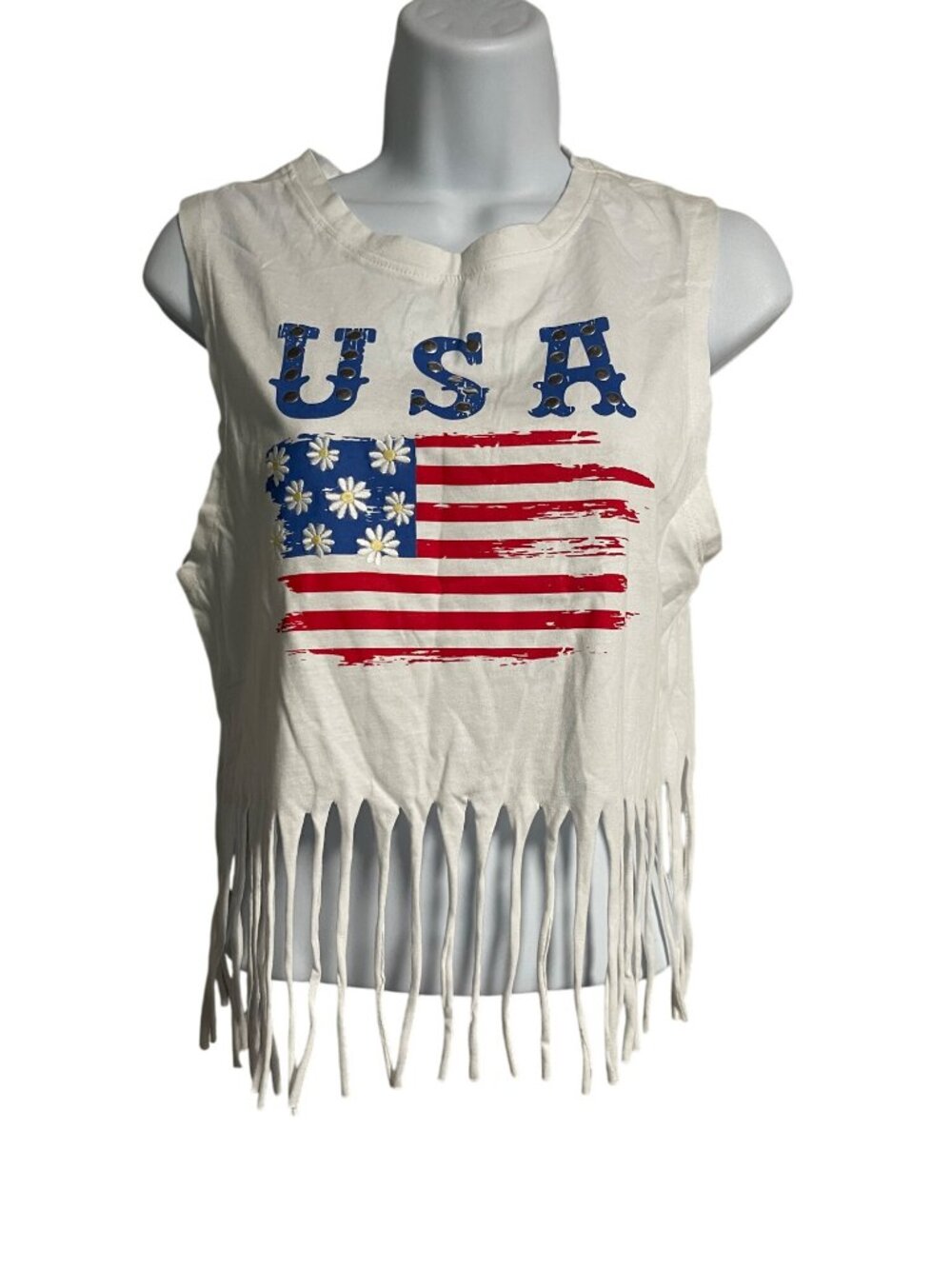 Love Peace & Lazy Days White Fringe USA Flag Crop Top Womens Small